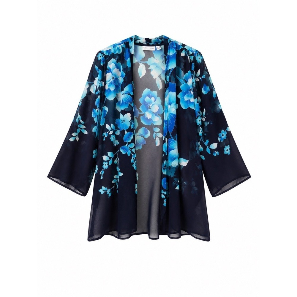 Susan Graver‎ Womens Kimono Cardigan Navy Blue Floral Chiffon Open Front Size M